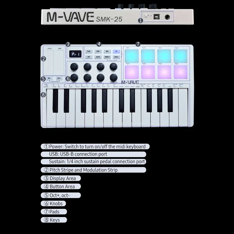 25-Key MIDI Control Keyboard Mini Portable USB Keyboard MIDI Controller with 25 Velocity Sensitive Keys 8 RGB Backlit Pads 8 Knobs