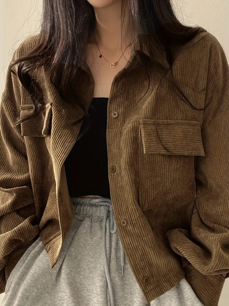 Button Front Flap Pockets Jacket, Casual Long Sleeve Jacket For Fall & Winter, Women's Clothing
