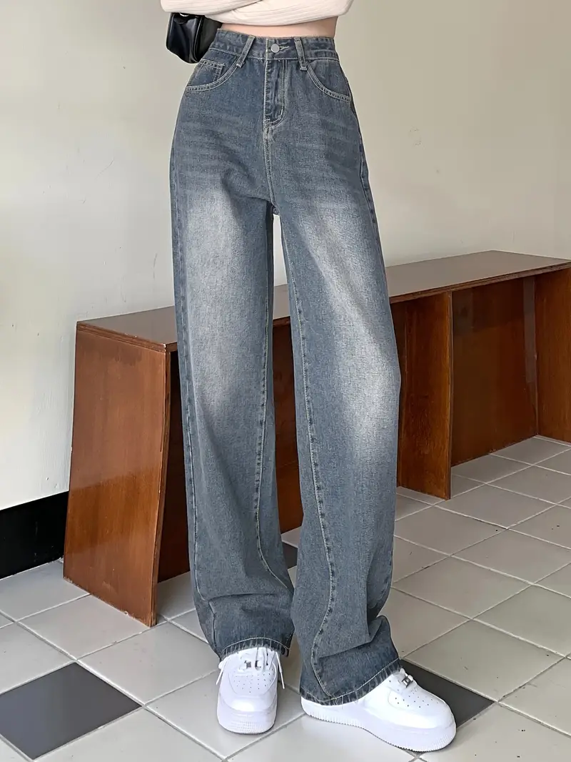 Blue High Waist Baggy Jeans, Loose Fit Retro Style Versatile Wide Legs Jeans, Women's Denim Jeans & Clothing