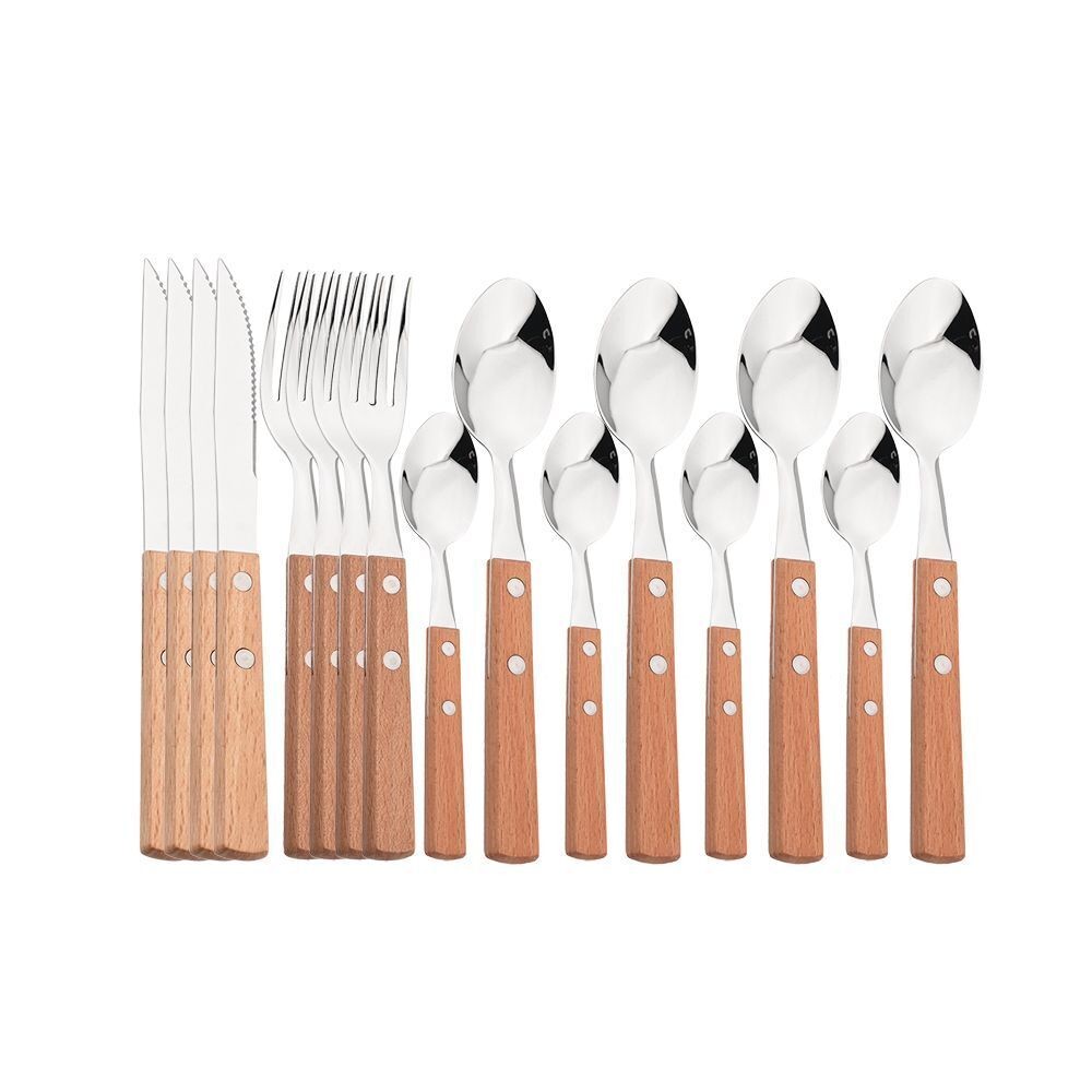 Wooden Handle Cutlery Tableware Stainless Steel Knife Fork Spoon Dinnerware Tool